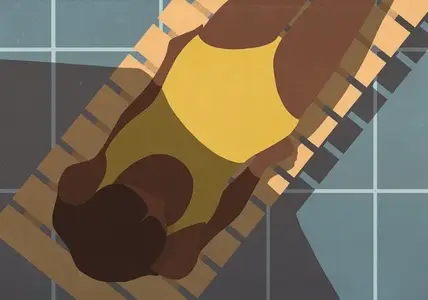 View from above shade partially covering young woman sunbathing in yellow bathing suit