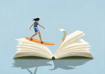 Woman on surfboard surfing over pages of open book against blue background