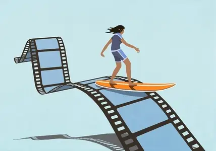 Woman on surfboard surfing on top of film negative