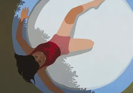 View from above woman with amputated leg relaxing in kiddie pool