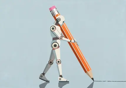 Humanoid robot with large pencil drawing line on blue background