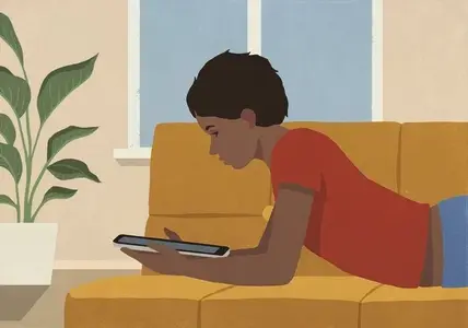 Boy relaxing at home laying on sofa and using digital tablet