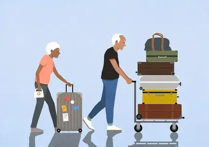 Active senior couple on the move traveling