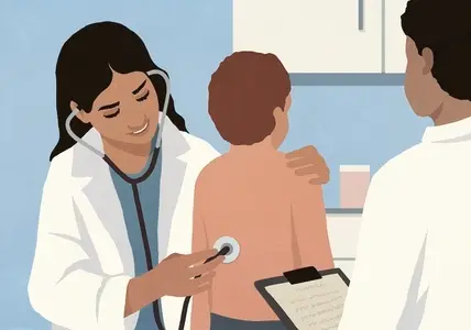 Female doctor with stethoscope examining boy patient