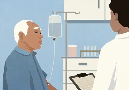 Senior male patient receiving IV drip and talking to doctor in hospital exam room