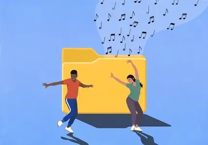 Carefree young man and woman dancing in front of yellow digital
