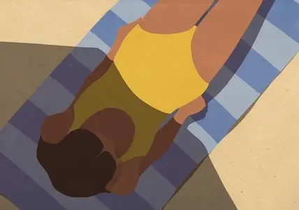 View from above shadow covering part of a young woman sunbathing