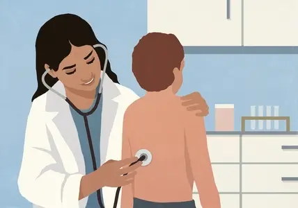 Female pediatrician with stethoscope examining the back of boy