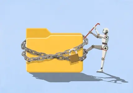 Humanoid robot with crowbar trying to open padlocked digital folder