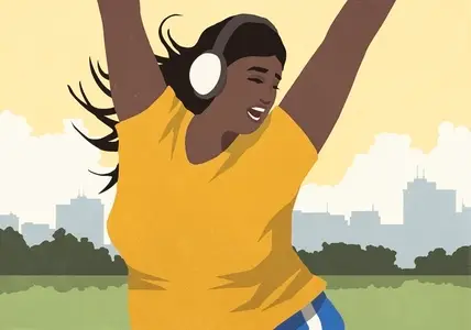 Happy energetic young woman with headphones listening to music and dancing