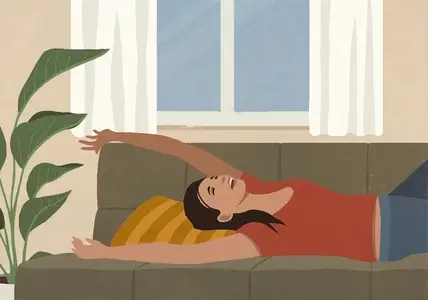 Carefree woman stretching with arms overhead