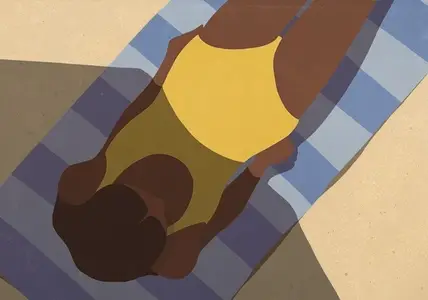 View from above shadow covering half of young woman sunbathing