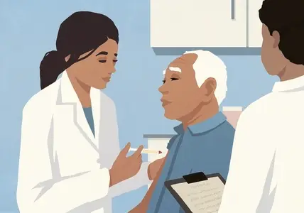 Female doctor with syringe giving senior male patient vaccination