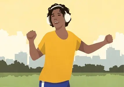 Carefree woman with headphones listening to music and dancing