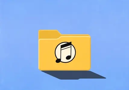 Music note on yellow digital file folder against blue background
