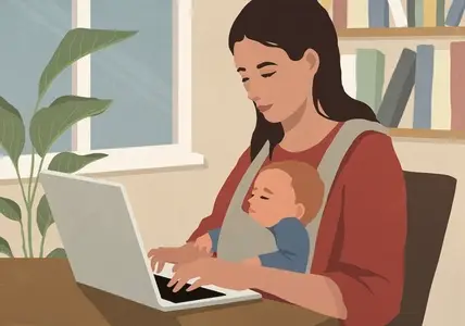 Mother working at laptop in home office with infant son in lap