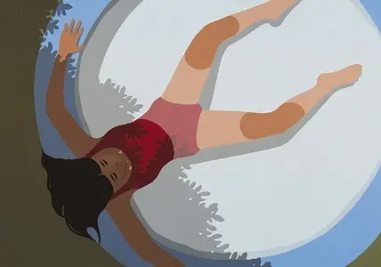 View from above young woman relaxing in partial shade in kiddie pool