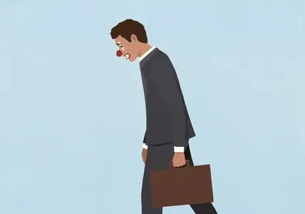 Sad businessman with clown face walking against blue background