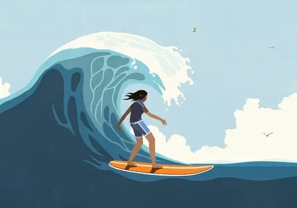 Young woman surfing below large ocean wave