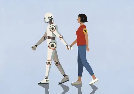Humanoid robot holding hands with and leading blind woman