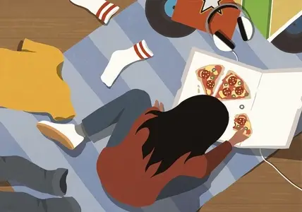 View from above teenage girl eating pizza from box