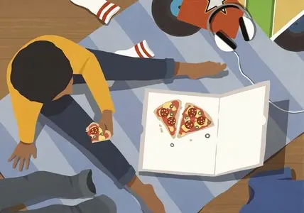 View from above teenage boy eating pizza from box