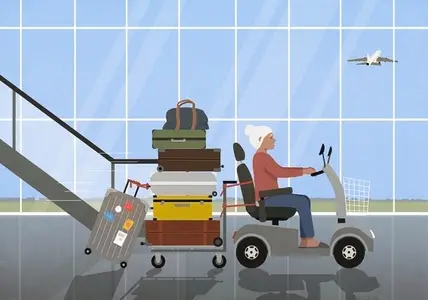 Active senior woman traveling driving motorized wheelchair pulling suitcases