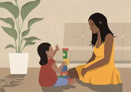 Mother and daughter playing with toys