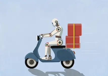 Humanoid robot driving scooter delivering food