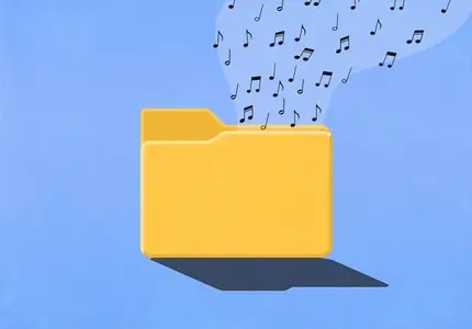 Music notes floating from digital yellow file folder