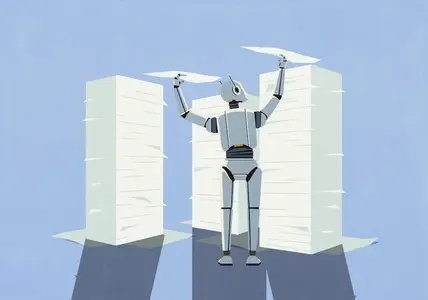Humanoid robot placing paper documents on tall stacks
