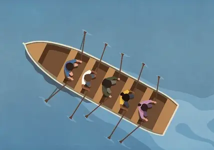 View from above men and women rowing boat backwards on water View from above men and women rowing boat backwards on water