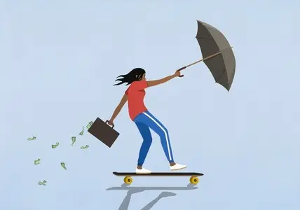 Woman with money briefcase and umbrella riding skateboard