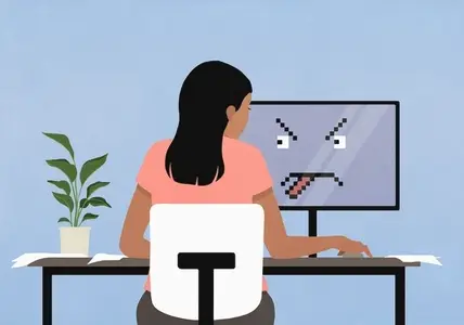 Face on computer screen sticking tongue out at woman working