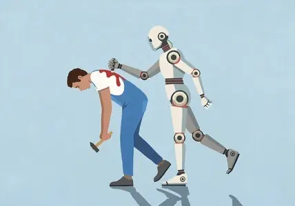 Humanoid robot stabbing repairman with hammer