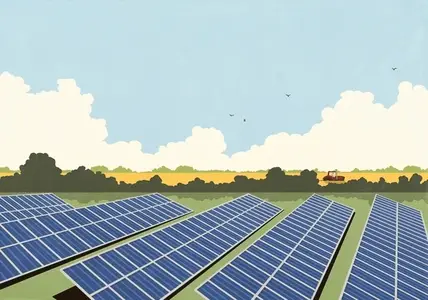 Rows of solar panels in field on sunny idyllic summer farm