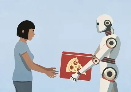 Humanoid robot delivering pizza to woman
