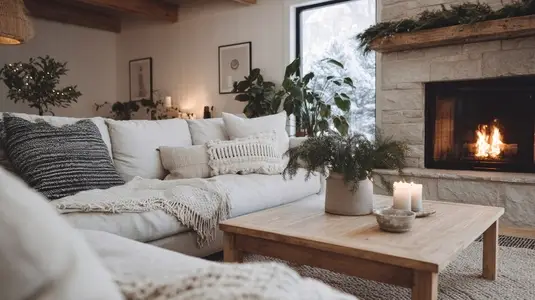 Cozy winter living room with fireplace  soft sofa  and warm decor creates welcoming atmosphere  Perfect for relaxation