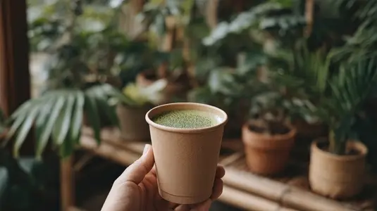 Hand holds reusable cup filled with matcha latte  surrounded by lush green plants cozy coffee shop  atmosphere feels warm