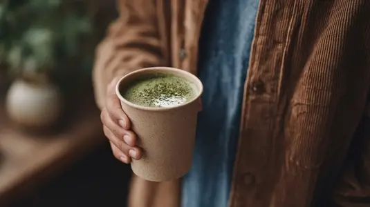 Person holding reusable cup filled with matcha latte  showcasing cozy coffee shop atmosphere  warm tones and natural elements