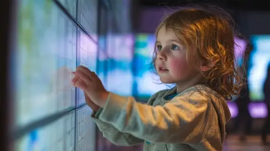 Child exploring interactive exhibit at science museum  engaged and curious about learning  moment of discovery and wonder