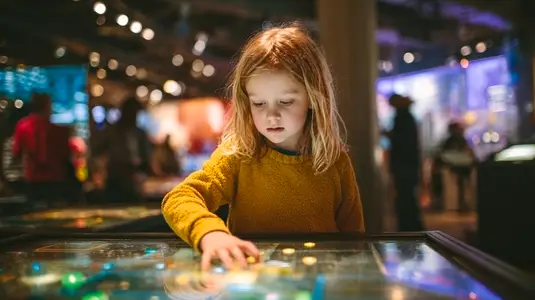 Child exploring interactive science museum exhibit  engaged and curious  surrounded by colorful displays and other visitors