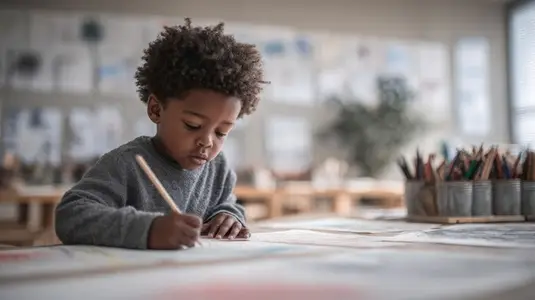 Child engaged in drawing colorful art to express feelings in creative environment filled with art supplies