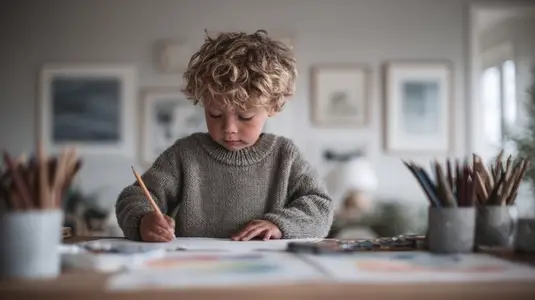 Child with curly hair creates colorful art  expressing emotions through drawing in cozy indoor setting