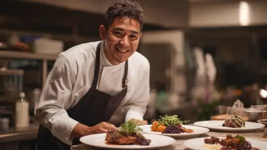 Chef presenting exquisite fusion cuisine with joyful expression in professional kitchen setting  showcasing culinary artistry