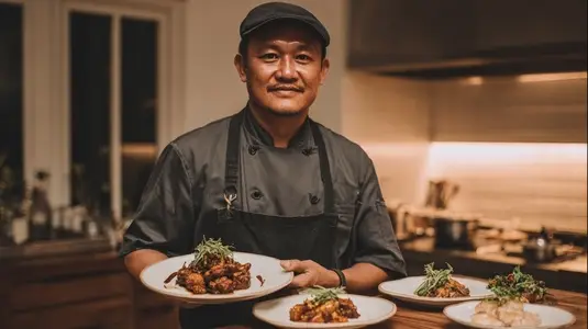 Chef presenting gourmet dishes in modern kitchen  showcasing culinary skills and creativity