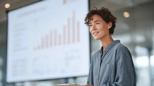 Businesswoman presenting sales growth chart with confidence and clarity in modern office setting