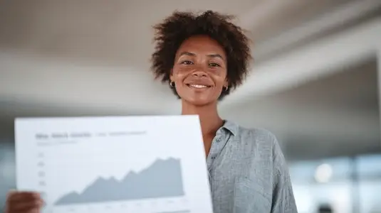 Empowered businesswoman showcasing global sales growth with positive expression  highlighting success and achievement