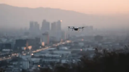 Autonomous delivery drone flying over city skyline at dusk  showcasing urban landscape and technology in harmony