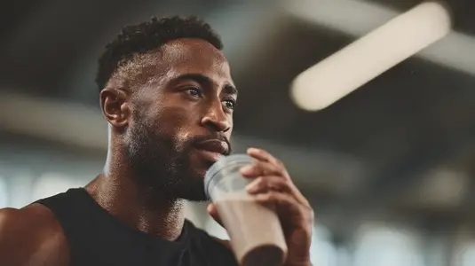 Athlete drinking protein shake after workout  showing determination and focus in gym environment